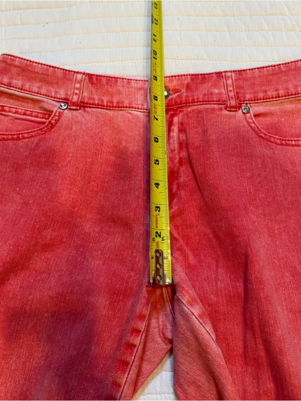 Chico's Platinum Denim Coral Pink Orange Stretch Capri Embellished Jeans Sz .5/6 - Picture 3 of 6